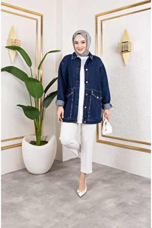 Kadın Cepli Taş İşleme Detaylı Denim Kot Ceket