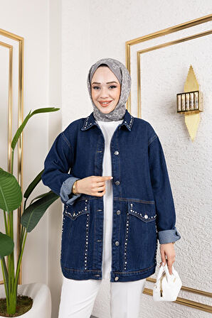 Kadın Cepli Taş İşleme Detaylı Denim Kot Ceket