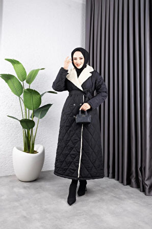 Kadın Astarlı Yandan İçi Kürklü Kapitone Uzun Mont