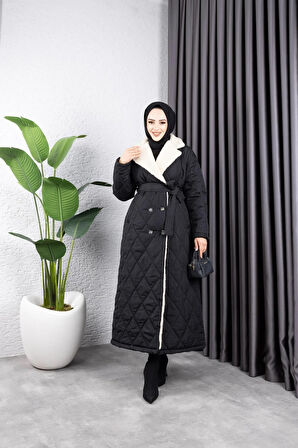 Kadın Astarlı Yandan İçi Kürklü Kapitone Uzun Mont