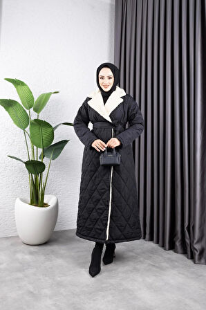 Kadın Astarlı Yandan İçi Kürklü Kapitone Uzun Mont