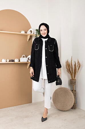 Kadın Boncuk Detaylı Cepli Kot Ceket