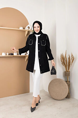 Kadın Boncuk Detaylı Cepli Kot Ceket