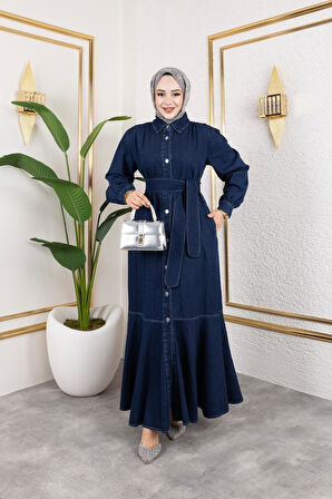 Kadın Kuşaklı Düğmeli Kot Elbise