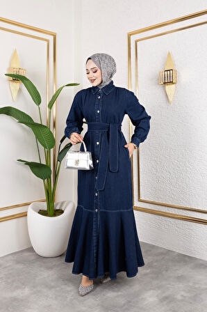 Kadın Kuşaklı Düğmeli Kot Elbise