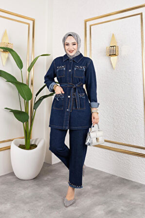 Kadın Taş Detaylı 2Li Takım Kot Ceket Pantolon