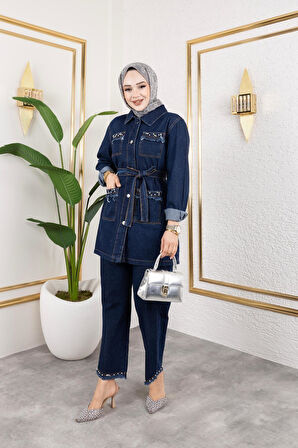 Kadın Taş Detaylı 2Li Takım Kot Ceket Pantolon