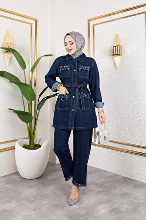 Kadın Taş Detaylı 2Li Takım Kot Ceket Pantolon