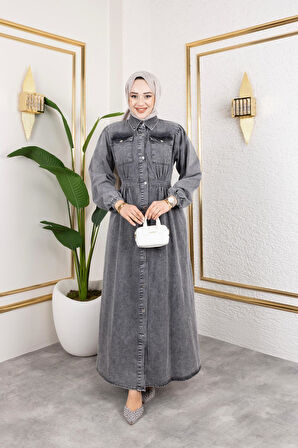 Kadın Düğmeli Cepli Kot Elbise