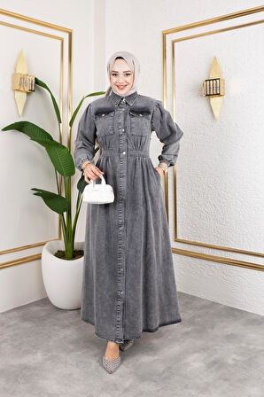 Kadın Düğmeli Cepli Kot Elbise