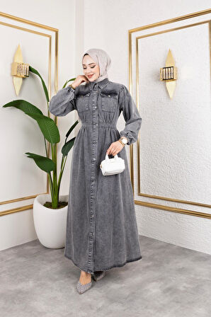 Kadın Düğmeli Cepli Kot Elbise
