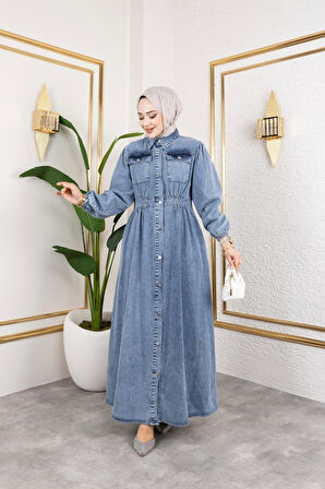 Kadın Düğmeli Cepli Kot Elbise