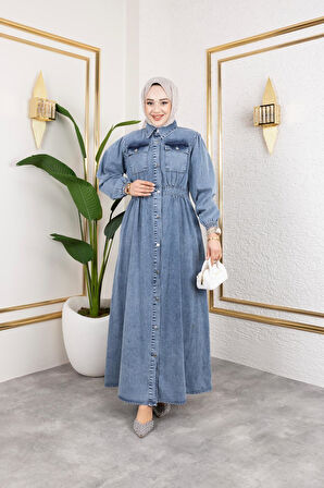 Kadın Düğmeli Cepli Kot Elbise