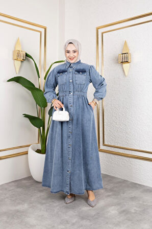 Kadın Düğmeli Cepli Kot Elbise