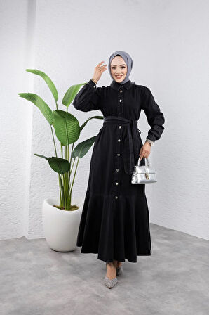 Kadın Kuşaklı Düğmeli Kot Elbise