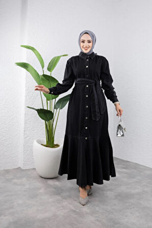 Kadın Kuşaklı Düğmeli Kot Elbise