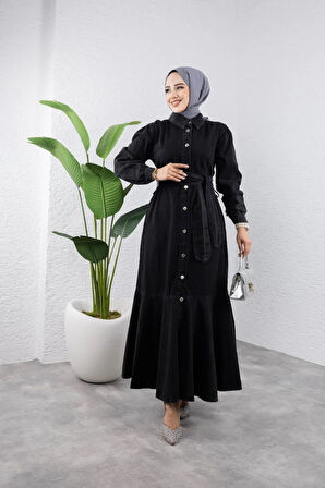 Kadın Kuşaklı Düğmeli Kot Elbise