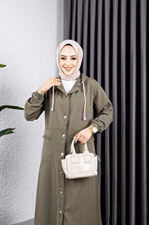 Kadın Düğmeli Kapüşonlu Cep Püsküllü Kot Kap