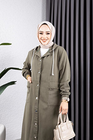 Kadın Düğmeli Kapüşonlu Cep Püsküllü Kot Kap