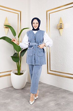 Kadın Boncuk İşlemeli Kuşaklı Yelek-Pantolon 2Li Takım