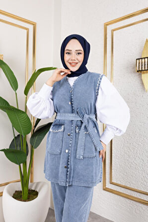 Kadın Boncuk İşlemeli Kuşaklı Yelek-Pantolon 2Li Takım