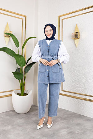 Kadın Boncuk İşlemeli Kuşaklı Yelek-Pantolon 2Li Takım