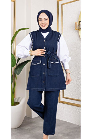 Kadın Boncuk İşlemeli Kuşaklı Yelek-Pantolon 2Li Takım