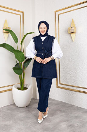 Kadın Boncuk İşlemeli Kuşaklı Yelek-Pantolon 2Li Takım