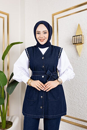 Kadın Boncuk İşlemeli Kuşaklı Yelek-Pantolon 2Li Takım