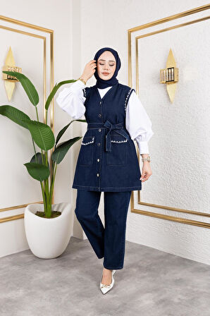 Kadın Boncuk İşlemeli Kuşaklı Yelek-Pantolon 2Li Takım