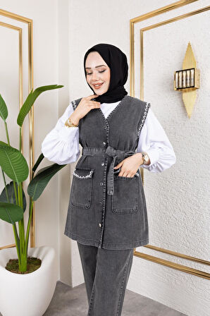 Kadın Boncuk İşlemeli Kuşaklı Yelek-Pantolon 2Li Takım