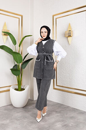 Kadın Boncuk İşlemeli Kuşaklı Yelek-Pantolon 2Li Takım