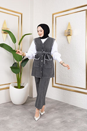 Kadın Boncuk İşlemeli Kuşaklı Yelek-Pantolon 2Li Takım