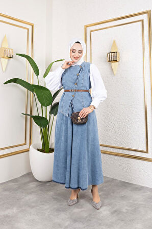 Kadın 2Li Kot Takım Kemerli Yelek Etek