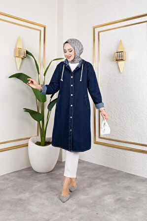 Kadın Kapüşonlu Uzun Kot Ceket