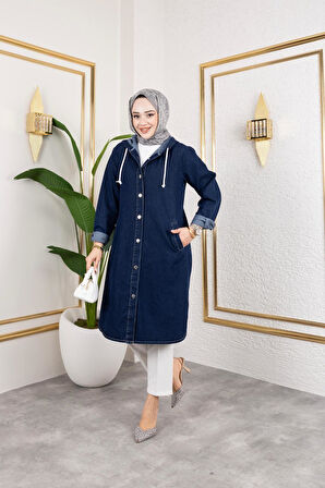 Kadın Kapüşonlu Uzun Kot Ceket