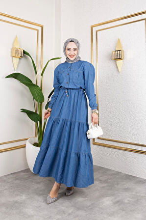 Kadın Düğmeli Cep Detaylı Beli Bağcıklı Kot Elbise