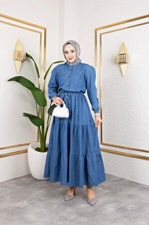 Kadın Düğmeli Cep Detaylı Beli Bağcıklı Kot Elbise