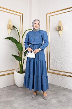 Kadın Düğmeli Cep Detaylı Beli Bağcıklı Kot Elbise