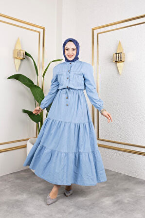 Kadın Düğmeli Cep Detaylı Beli Bağcıklı Kot Elbise