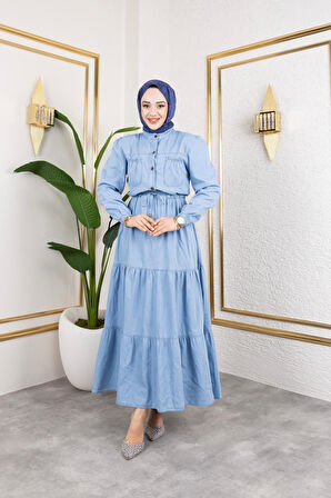 Kadın Düğmeli Cep Detaylı Beli Bağcıklı Kot Elbise