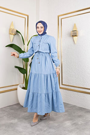 Kadın Düğmeli Cep Detaylı Beli Bağcıklı Kot Elbise