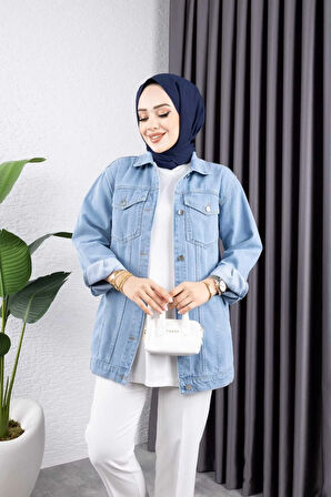 Kadın Siyah Kar Yıkamalı Cepli Denim Kot Ceket