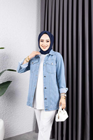 Kadın Siyah Kar Yıkamalı Cepli Denim Kot Ceket