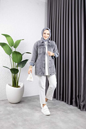 Kadın Siyah Kar Yıkamalı Cepli Denim Kot Ceket