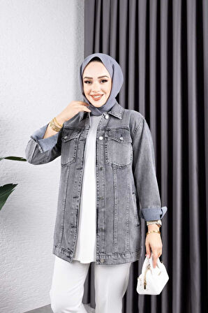 Kadın Siyah Kar Yıkamalı Cepli Denim Kot Ceket