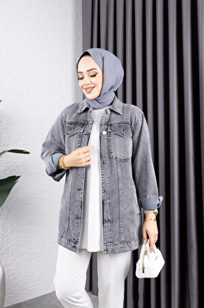 Kadın Siyah Kar Yıkamalı Cepli Denim Kot Ceket