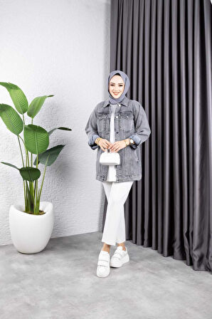 Kadın Siyah Kar Yıkamalı Cepli Denim Kot Ceket