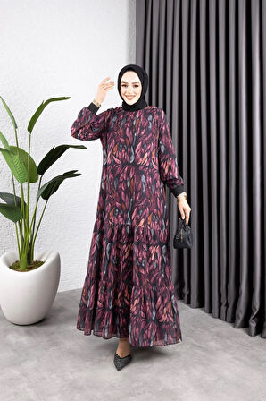 Kadın Astarlı Yaprak Desenli Şifon Elbise