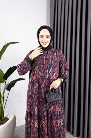 Kadın Astarlı Yaprak Desenli Şifon Elbise